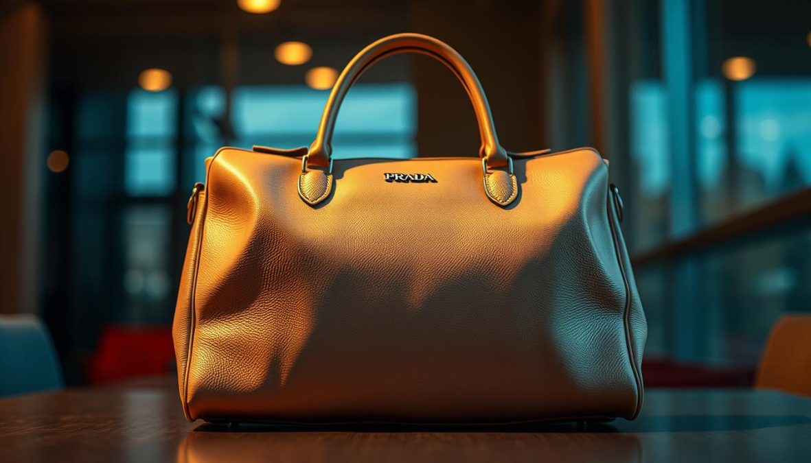 A beautifully crafted Prada handbag from the Femme Collection 2025 takes center stage. The soft, supple leather shimmers in the warm, directional lighting, accentuating the feminine curves and elegant lines. Captured with a Sony A7R IV at 70mm, the image is sharply defined, with a polarizer filter adding depth and clarity. The overall mood is hyper-candid, drawing the viewer's eye to the exquisite craftsmanship and timeless design of this luxurious accessory.