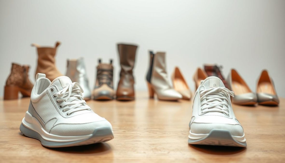 A beautifully crafted pair of sustainable sneakers stands in the foreground, its sleek silhouette and minimalist design exuding an air of modern elegance. The shoes are made from eco-friendly materials like recycled plastic and organic cotton, reflecting the growing trend towards environmentally conscious fashion. In the middle ground, a harmonious arrangement of various sustainable shoe styles comes into focus - from chunky, textured boots to sleek satin heels, all united by their commitment to sustainability. The background showcases a clean, bright setting, accentuating the timeless appeal of these forward-thinking footwear designs. The overall scene conveys a sense of style, responsibility, and a vision for the future of the shoe industry. A beautifully crafted pair of sustainable sneakers stands in the foreground, its sleek silhouette and minimalist design exuding an air of modern elegance. The shoes are made from eco-friendly materials like recycled plastic and organic cotton, reflecting the growing trend towards environmentally conscious fashion. In the middle ground, a harmonious arrangement of various sustainable shoe styles comes into focus - from chunky, textured boots to sleek satin heels, all united by their commitment to sustainability. The background showcases a clean, bright setting, accentuating the timeless appeal of these forward-thinking footwear designs. The overall scene conveys a sense of style, responsibility, and a vision for the future of the shoe industry.