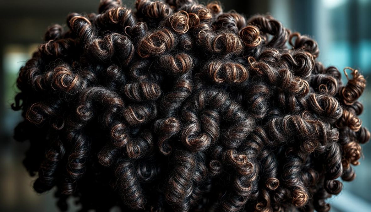 A carefully composed study of various curl patterns and hair structures, highlighting the scientific intricacies behind the formation and behavior of different lock types. Captured with a Sony A7R IV 70mm lens, polarizer filter, and Hyper-candid technique, the image presents a sharp, focused, and visually striking exploration of the diverse textures and shapes that make up the science of curly hair. Backlighting accentuates the intricate details, inviting the viewer to delve deeper into the captivating world of hair anatomy and the factors that contribute to the unique characteristics of each lock type.