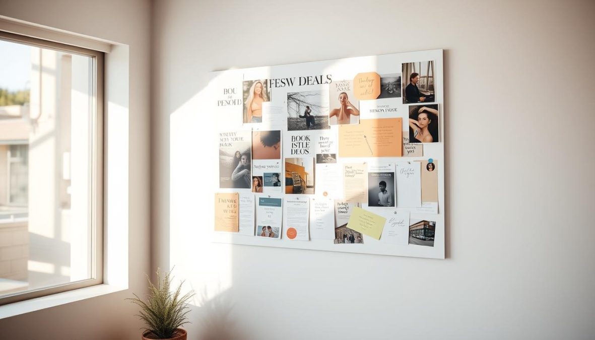 A carefully curated vision board with a harmonious composition, featuring an array of inspirational images, motivational text, and personal goals. The board is displayed on a sleek white wall, lit by natural sunlight streaming in through a large window, creating a warm, inviting ambiance. The various elements are arranged in a visually striking layout, guiding the viewer's eye through the board's design. The materials used, such as magazine clippings, handwritten notes, and colorful stickers, lend a tactile, artisanal quality to the piece. The overall atmosphere conveys a sense of focus, determination, and a commitment to personal growth and achievement.