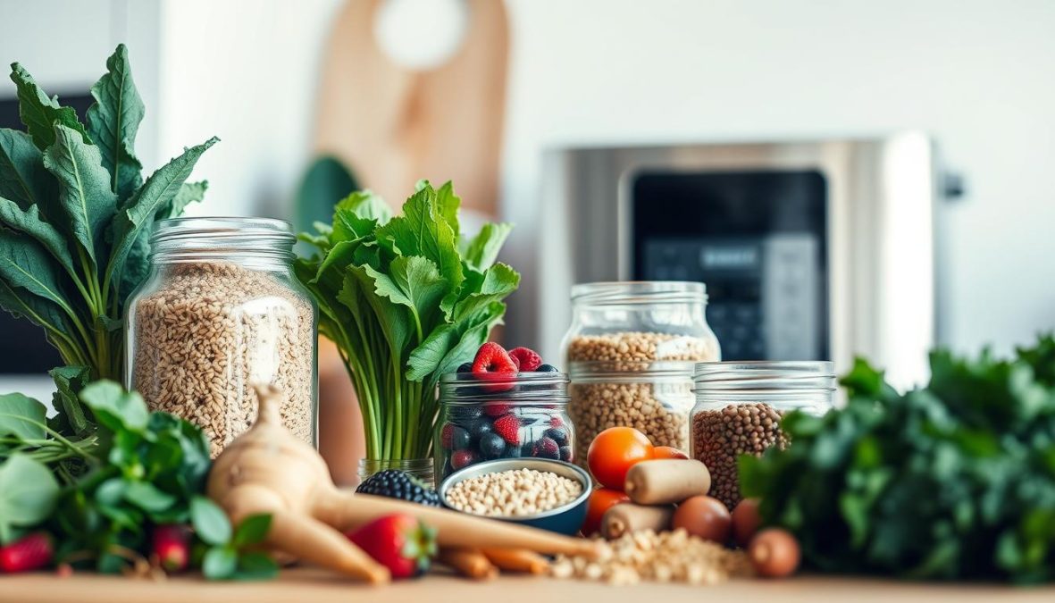 A clean, minimalist composition showcasing the core principles of clean eating in 2025. In the foreground, a selection of fresh, organic produce - crisp greens, vibrant berries, and earthy roots. The midground features neatly arranged glass jars filled with wholesome grains, legumes, and spices. In the background, a sleek, modern kitchen appliance, its stainless steel surface gleaming under the soft, natural lighting. The overall mood is one of simplicity, wellness, and a forward-looking approach to nutrition. Shot on Sony A7R IV 70mm, clearly focused, sharply defined, polarizer filter, Hyper-candid, 8K.