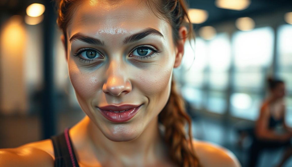 A close-up portrait of a young woman's face and upper body, her skin glowing with a healthy sheen after a vigorous workout. The image is sharply focused, with a crisp, polarized effect that accentuates the contours of her face and the beads of perspiration on her forehead. The lighting is soft and diffused, creating a warm, hyper-candid atmosphere that captures the subject's post-exercise radiance. In the background, a blurred, minimalist environment suggests an urban gym or wellness setting. The overall impression is one of vibrant, youthful vitality and the importance of effective skincare for optimal skin health in the active, fast-paced world of 2025.