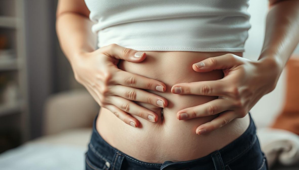 A close-up shot of a woman's abdomen, with her hands gently resting on her lower belly. The skin appears slightly flushed, and there is a subtle expression of discomfort on her face. The lighting is soft and natural, creating a warm, intimate atmosphere. The background is blurred, with hints of a cozy, domestic setting. The overall mood is one of empathy and understanding, capturing the experience of hormonal nausea during menstruation.