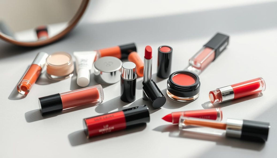 A close-up shot of professional lip care essentials laid out on a clean, minimalist surface. A variety of lip balms, glosses, and treatments in sleek, modern packaging stand out against the muted gray background. Soft, natural lighting casts a gentle glow, highlighting the textures and sheen of the products. The arrangement is visually striking, yet maintains a sense of simplicity and elegance, conveying the core fundamentals of statement lip makeup in 2025.