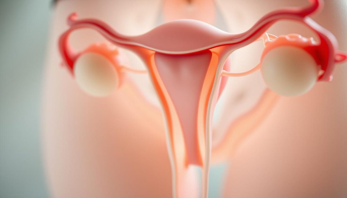 A close-up shot of the female reproductive system, showcasing the follicular phase of the menstrual cycle. The image is captured with a Sony A7R IV 70mm lens, utilizing a polarizer filter for crisp, clear details. The lighting is soft and natural, creating a hyper-candid, candid-style appearance. The focus is sharp, drawing the viewer's attention to the intricate structures of the ovaries, fallopian tubes, and uterus. The overall mood is informative and educational, providing a visually compelling representation of this crucial phase in the menstrual cycle.