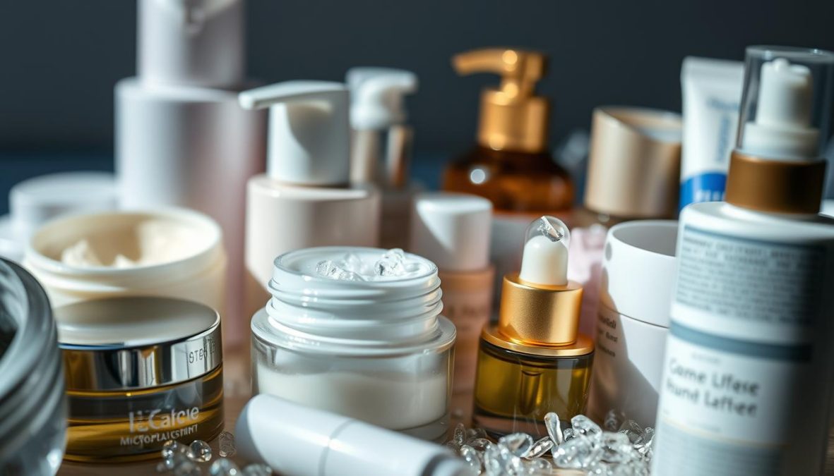 A close-up view of a handful of various cosmetic products, including creams, lotions, and exfoliants, revealing the presence of tiny, shimmering microplastic particles within their formulations. The scene is captured with a high-resolution Sony A7R IV camera using a 70mm lens, a polarizer filter, and a hyper-candid, sharply defined style, resulting in an 8K image that clearly showcases the hidden problem of microplastic contamination in personal care items. The lighting is natural and evocative, casting a moody, introspective atmosphere that underscores the environmental and health concerns surrounding this issue.