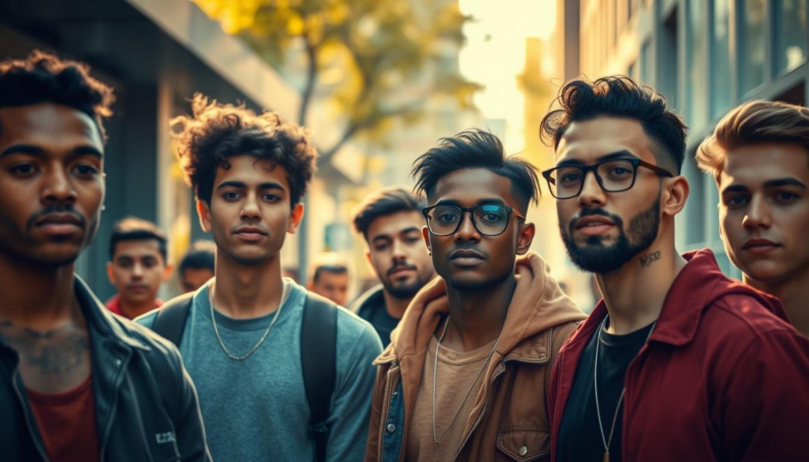 A contemporary gathering of young men in a vibrant urban setting, their diverse features and fashions showcasing the evolving styles and trends of 2025. Warm natural lighting casts a soft glow, captured through a polarized lens for a crisp, realistic effect. The scene exudes a sense of energy and optimism, reflecting the dynamic nature of modern baby name preferences.