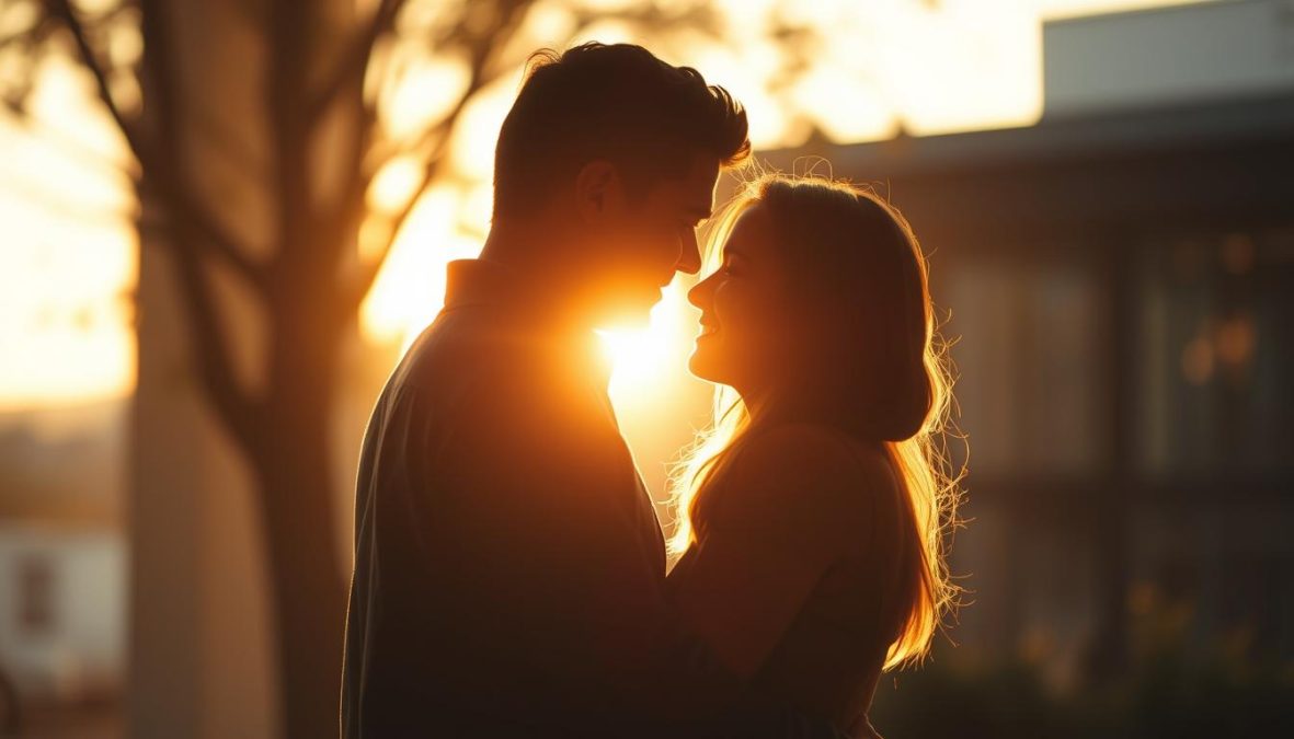 A couple embraces in the morning light, their silhouettes merging as they share a tender moment. The scene is intimate yet candid, capturing the everyday intimacy of their relationship. The warm tones and soft focus create a dreamlike, nostalgic atmosphere, highlighting the significance of these small, shared rituals in modern life. The couple's figures are sharply defined, their movements fluid and natural, as if caught in a fleeting, authentic moment. The overall composition is balanced and visually striking, inviting the viewer to reflect on the beauty and importance of everyday connection.