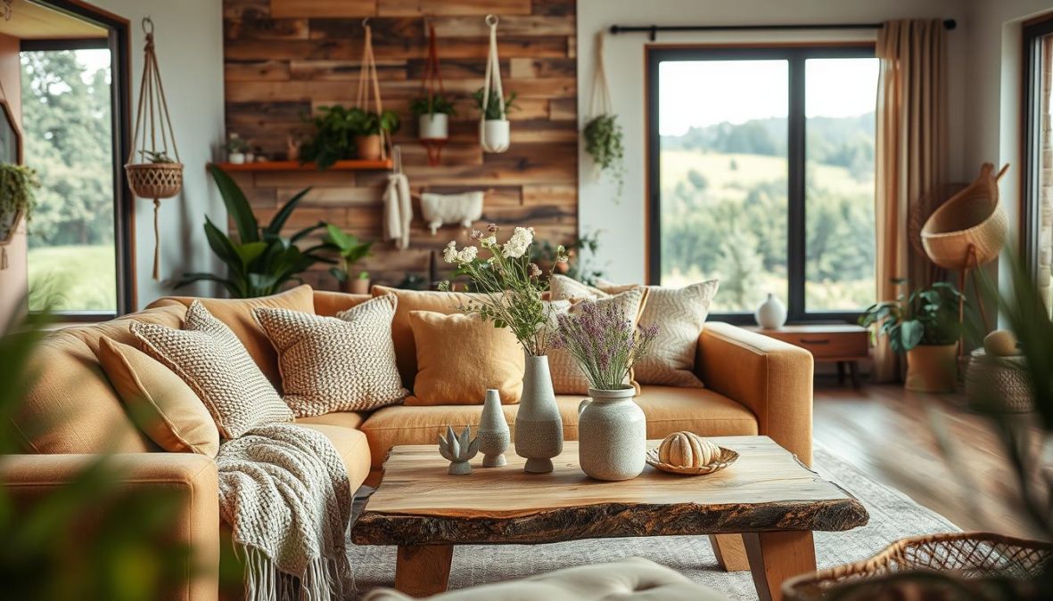 A cozy and inviting living room scene showcasing the emerging 2025 home decor trends focused on natural elements. In the foreground, a large, plush earth-toned sofa is adorned with an array of woven textiles, organic throw pillows, and a fluffy, handcrafted knit blanket. Positioned on a rustic, wooden coffee table are an assortment of natural accents such as driftwood sculptures, potted succulents, and a hand-thrown ceramic vase filled with freshly cut wildflowers. The middle ground reveals a wall feature constructed of reclaimed wood planks, complemented by hanging macrame plant holders and a large window that floods the space with warm, diffused natural light. In the background, a glimpse of a lush, verdant landscape can be seen through the window, creating a seamless transition between the indoor and outdoor environments.