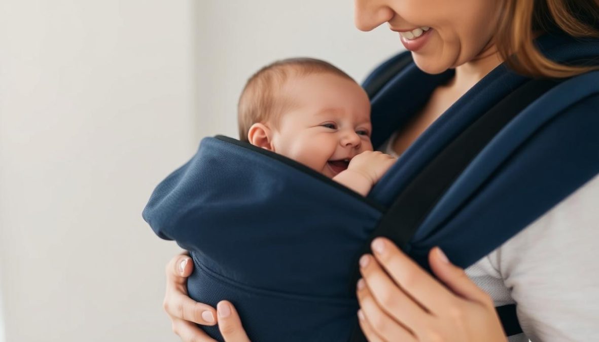 A cozy and inviting scene of a newborn baby snugly nestled in a high-quality baby carrier, held close by a loving parent. The carrier is designed with soft, breathable fabrics and ergonomic support, allowing for comfortable and natural movement. The parent's expression is one of joy and attentiveness, showcasing the benefits of babywearing for both physical and emotional development. The natural lighting and warm tones create a serene, intimate atmosphere, emphasizing the bonding experience between parent and child. The background is a softly blurred, minimalist setting, keeping the focus on the central subject.