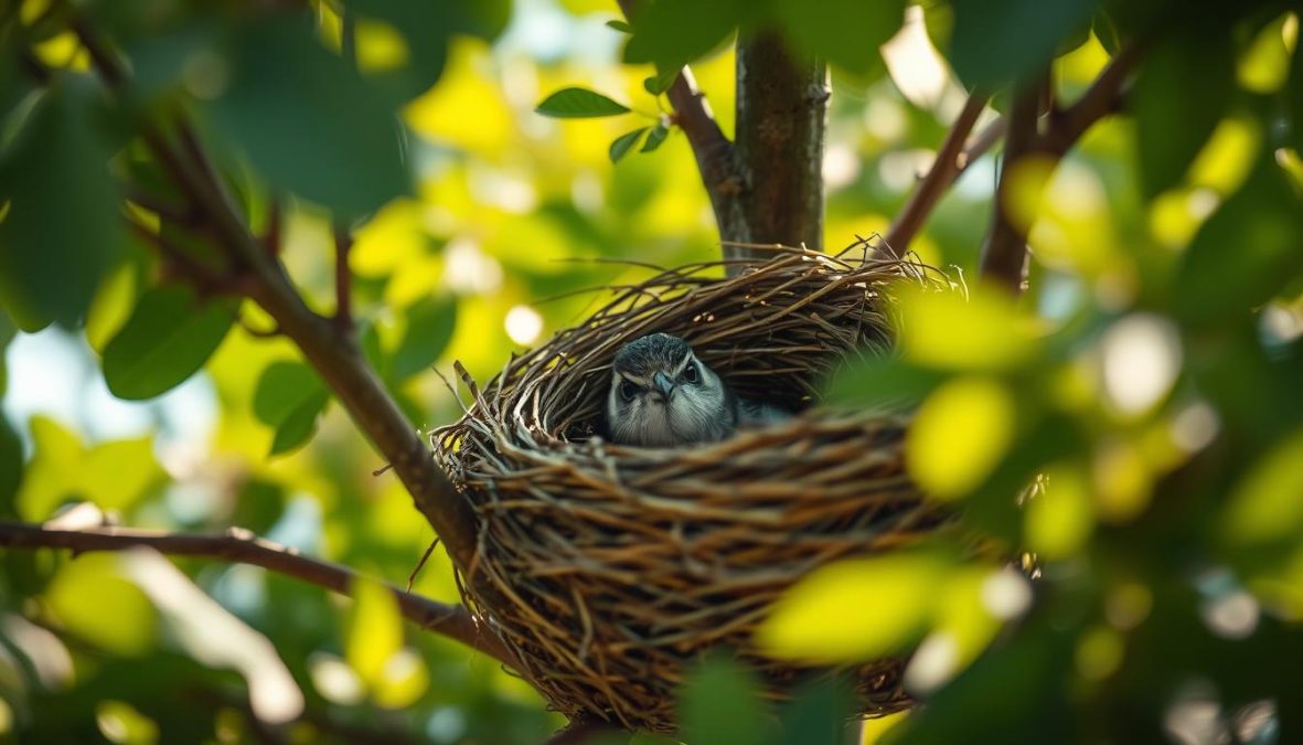 A cozy, well-built nest nestled in a lush, verdant tree, crafted with meticulous care and precision, showcasing the innate nesting instinct of a small songbird. The nest's intricate woven structure is beautifully illuminated by soft, warm natural light filtering through the surrounding foliage, creating a captivating and serene scene. The nest's occupant is not visible, but its presence is palpably felt, evoking a sense of the bird's deep-rooted, instinctual drive to construct a safe, comfortable home. This intimate, close-up composition captures the essence of the "Nestbautrieb" – the natural, innate urge to build a nest, a fundamental behavior essential for the survival and prosperity of avian species.