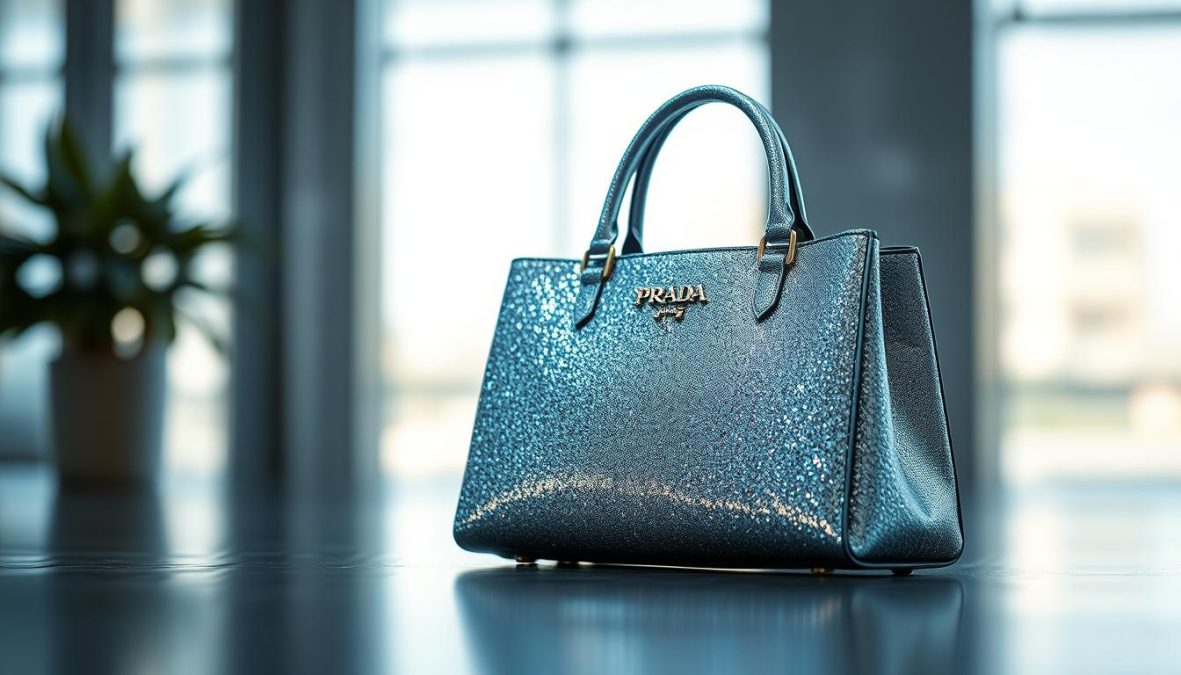 A dazzling Prada handbag from the 2025 Glitter Collection takes center stage, its metallic finish catching the light from every angle. The bag's sleek, structured silhouette is complemented by a subtle yet eye-catching pattern of delicate glitter accents, creating a captivating interplay of textures. Captured with a Sony A7R IV camera at 70mm, the image is sharply defined and polarized, showcasing the bag's luxurious details in vivid, hyper-candid clarity. The scene exudes an air of glamour and sophistication, inviting the viewer to imagine the bag as a must-have accessory for the fashionable elite in the year 2025.