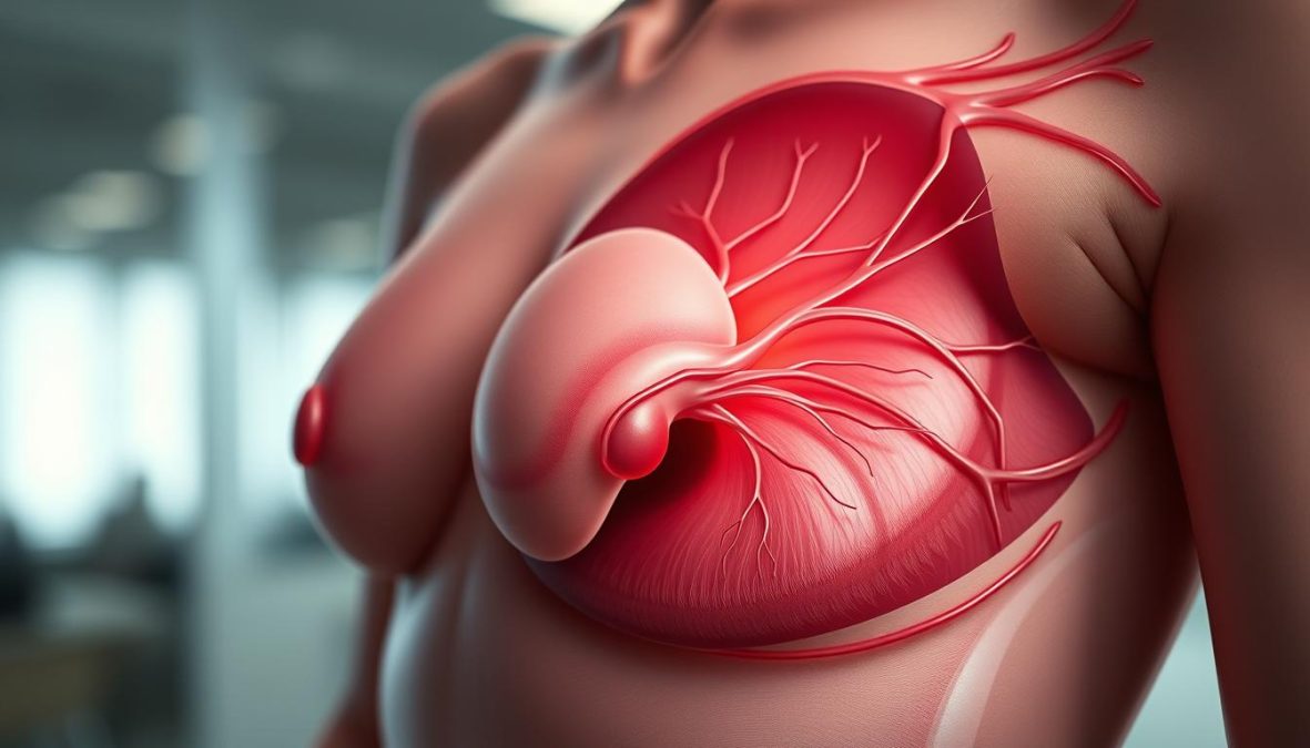 A detailed anatomical illustration of the female breast, showcasing the intricate structure of the mammary gland, lymphatic system, and surrounding tissues. Rendered with exceptional clarity and precision, captured with a Sony A7R IV 70mm lens and polarizer filter, the image appears hyper-candid and sharply defined, lending an authoritative and educational quality. The lighting is carefully balanced, creating depth and highlighting the key anatomical features. The overall mood is one of scientific inquiry and medical professionalism, suitable for inclusion in a scholarly article on breast health and early detection.