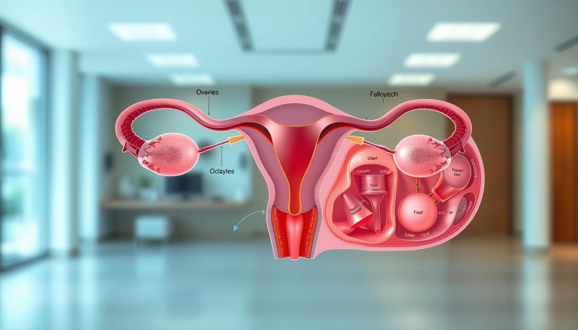 A detailed cross-section illustration of the female menstrual cycle anatomy, depicting the key structures and phases in a clear, scientific manner. The uterus, ovaries, fallopian tubes, and associated hormonal changes are shown in vivid detail, showcasing the complex biological processes that govern a woman's fertility. Rendered with exceptional realism and clarity, using a polarized lens to enhance depth and clarity. The lighting is natural and evenly distributed, creating a calm, clinical atmosphere suitable for educational purposes. Captured at 8K resolution to ensure maximum detail and visual impact.