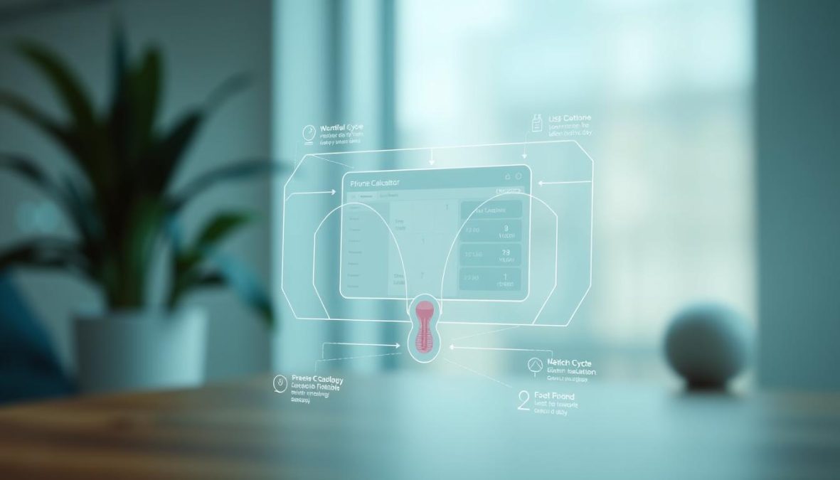 A detailed diagram illustrating the inner workings of an ovulation calculator. In the foreground, a clear, precise illustration showcases the various components and processes involved in tracking the menstrual cycle and identifying fertile days. In the middle ground, a sleek, minimalist user interface displays the key metrics and data points. In the background, a soft, neutral color palette and clean, technical lines evoke a sense of scientific precision and functionality. The overall mood is informative, educational, and visually appealing, conveying the importance of understanding one's own body and reproductive health.
