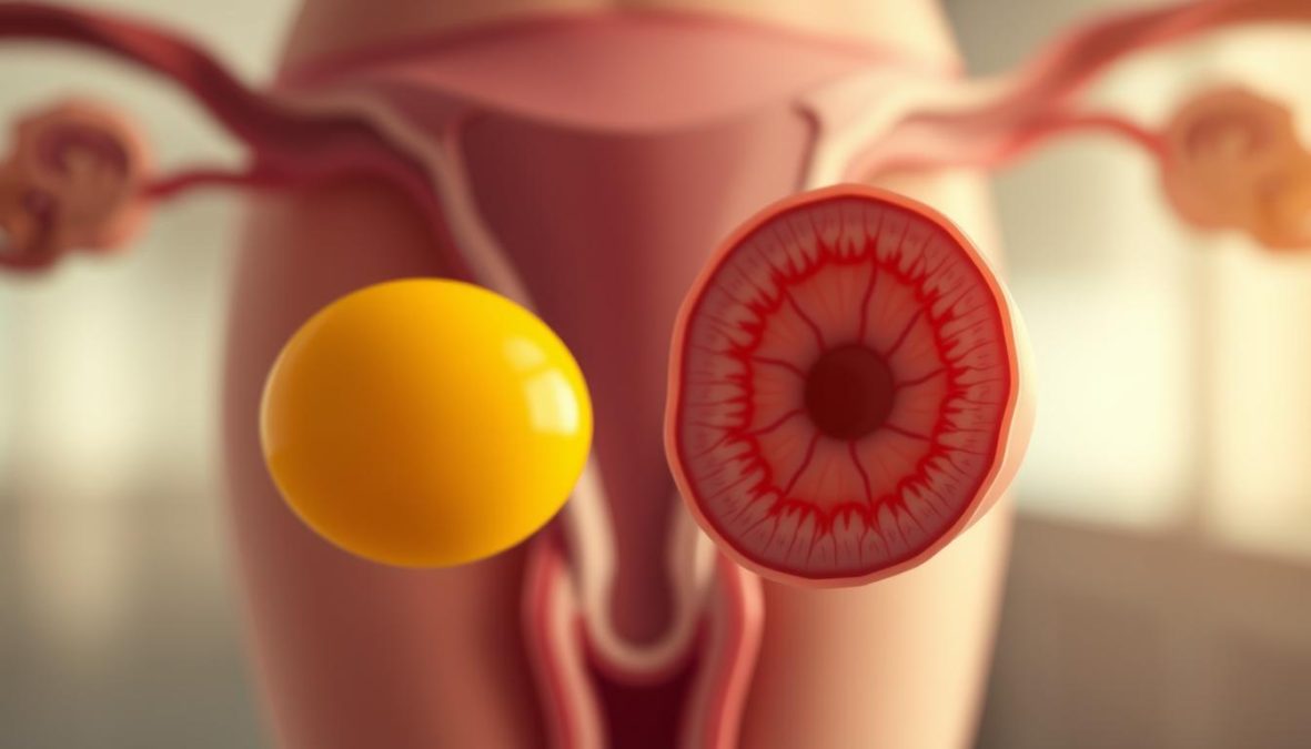 A detailed illustration of the luteal phase of the female menstrual cycle. Shot on a Sony A7R IV 70mm with a polarizer filter for a hyper-candid, sharply defined 8K image. In the foreground, a vibrant, stylized representation of the corpus luteum, a yellow body that forms from the ruptured ovarian follicle. In the middle ground, a cross-section of the uterus, showing the thickened, blood-rich endometrium preparing for potential implantation. In the background, a softly blurred depiction of the ovary and Fallopian tube, the site of the recent ovulation. The overall mood is one of scientific precision and biological elegance, illuminating the intricate workings of the female reproductive system.