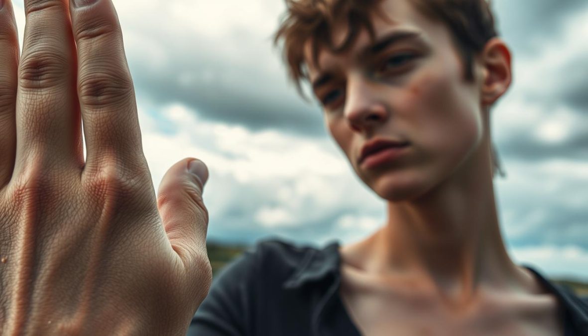 A dramatic landscape showcasing the effects of weather changes on skin. In the foreground, a close-up of weathered, flaky skin on a hand, with the texture and details accentuated by the sharp focus and polarizer filter. In the middle ground, a serene yet moody scene of a person's face, their complexion reflecting the transitional weather - flushed, irritated, dehydrated. In the background, an ominous sky filled with swirling clouds, hinting at the dramatic atmospheric shifts that can wreak havoc on our skin. Lit by natural, dramatic lighting, this hyper-candid scene captures the essence of how our skin reacts to unpredictable weather changes.
