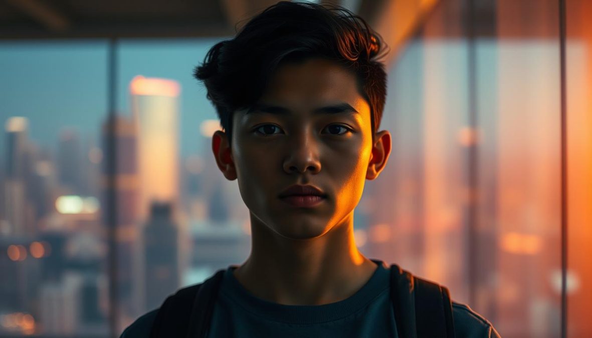 A dynamic and visually striking depiction of the modern definition of self-worth in the year 2025. A young person stands confidently, their gaze direct and self-assured. The backdrop features a vibrant, minimalist cityscape, hinting at the technological advancements and societal shifts that will shape the evolving concept of self-worth. Warm lighting casts a soft, introspective glow, evoking a sense of personal growth and inner reflection. The overall composition conveys a harmonious balance between the individual and their environment, reflecting the evolving nature of self-worth in the digital age. Shot on Sony A7R IV 70mm, clearly focused, sharply defined, polarizer filter, Hyper-candid, 8K.