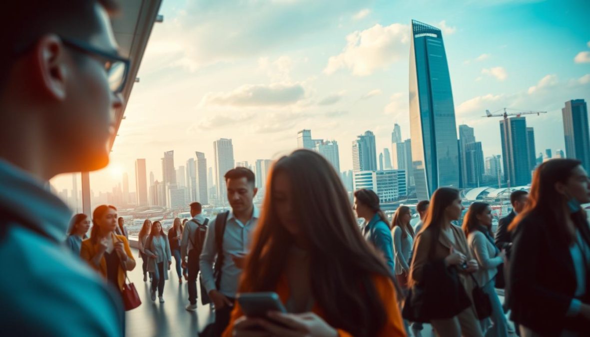 A dynamic, rapidly evolving labor market in 2025, showcasing the transformation of industries, emerging job roles, and the imperative for professional reinvention. In the foreground, a diverse array of individuals representing the workforce of the future, engaged in dynamic, tech-driven tasks. In the middle ground, a vibrant cityscape with towering skyscrapers and innovative architectural design, symbolizing the modernization of the work environment. The background depicts a horizon of technological advancements, from automated systems to artificial intelligence, highlighting the drivers of change. Captured with a sharp, cinematic perspective, the image conveys a sense of energy, adaptability, and the need for continuous learning and development in the face of a transformative job landscape.