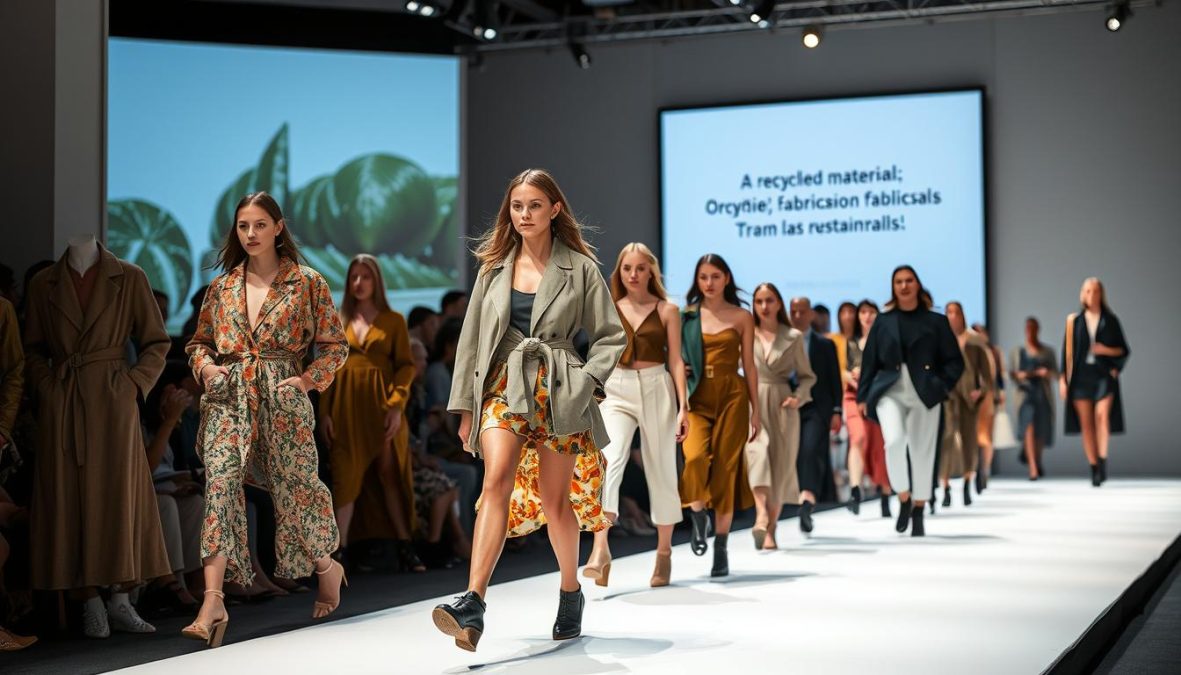 A fashion runway showcasing a diverse range of sustainable clothing and accessories. The models stride confidently, wearing chic outfits made from recycled materials, organic fabrics, and innovative upcycled designs. The lighting casts a warm, natural glow, highlighting the high-quality craftsmanship and attention to detail. In the background, a sleek, minimalist stage sets the scene, with a subtle message of environmental responsibility projected onto a large screen. The overall atmosphere conveys a sense of sophistication, innovation, and a commitment to a more sustainable future for the fashion industry.