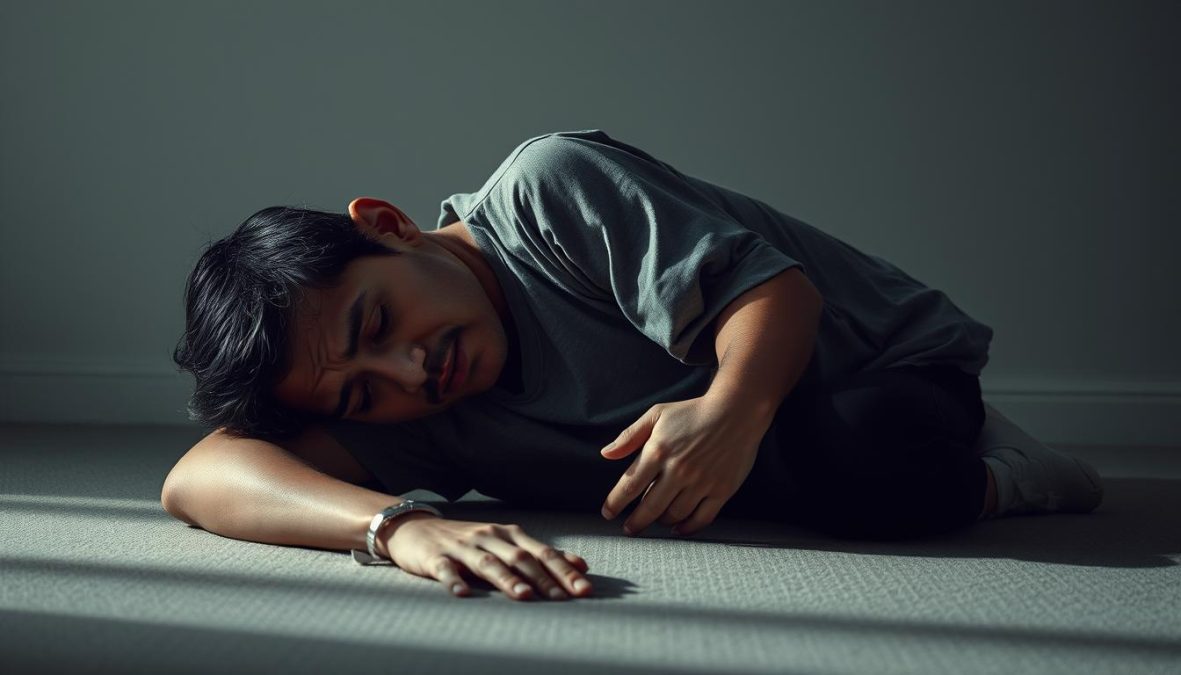 A fatigued, weary figure slumps against a plain, neutral background, conveying the physical and mental exhaustion of chronic fatigue. Muted, desaturated tones evoke a sense of depletion, while careful lighting from the side casts dramatic shadows, emphasizing the subject's sunken features and heavy expression. The figure's posture is slouched, shoulders drooping, head bowed, hands limp - a visual representation of the debilitating symptoms of chronic tiredness. Captured with a Sony A7R IV 70mm lens, the image is sharp, detailed, and hyper-candid, using a polarizer filter to enhance depth and contrast. The overall mood is somber, introspective, and authentic, inviting the viewer to empathize with the subject's struggle.