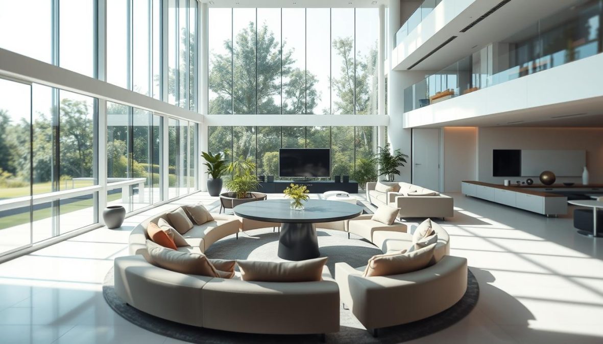 A futuristic living space in 2025, flooded with natural light from large windows. Sleek, minimalist furniture in muted tones complements the clean lines of the architecture. Smart home technology seamlessly integrated, with voice-controlled lighting and climate systems. A central, circular table serves as a hub for dining and socializing, surrounded by comfortable, modular seating. Innovative materials like self-cleaning surfaces and smart glass create an energy-efficient, sustainable environment. Verdant plants and natural elements bring the outdoors in, blurring the boundaries between interior and exterior. An overall sense of calm, streamlined living in a technologically-advanced, yet harmonious home of the future.