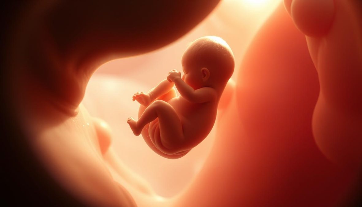 A gestating fetus gently unfurling and stretching within the tranquil confines of a mother's womb, its delicate movements captured in stunning detail. Soft, natural lighting filters through the amniotic fluid, casting a serene, ethereal glow. The scene is framed with a sense of reverence and intimacy, as if we are granted a privileged glimpse into this miraculous process. Crisp, high-resolution imagery showcases the intricate dance of the developing baby, its tiny limbs and appendages coming to life. A polarizer filter heightens the depth and clarity, creating a captivating, hyper-candid portrayal of this incredible, early stage of life.