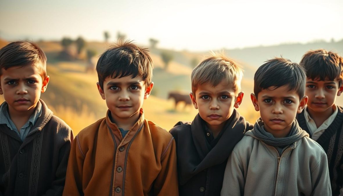 A group of young boys, dressed in traditional attire, standing in a serene countryside setting. Warm, golden sunlight bathes the scene, casting soft shadows. Their faces are distinct, showcasing a range of classic boyish features. The boys' expressions convey a sense of wonder and curiosity, reflecting the timeless charm of these rare, traditional names. The composition is balanced, with the boys positioned in the foreground, the rolling hills and trees in the middle ground, and a hazy, atmospheric background. The overall mood is one of nostalgia, tranquility, and the enduring appeal of time-honored traditions.