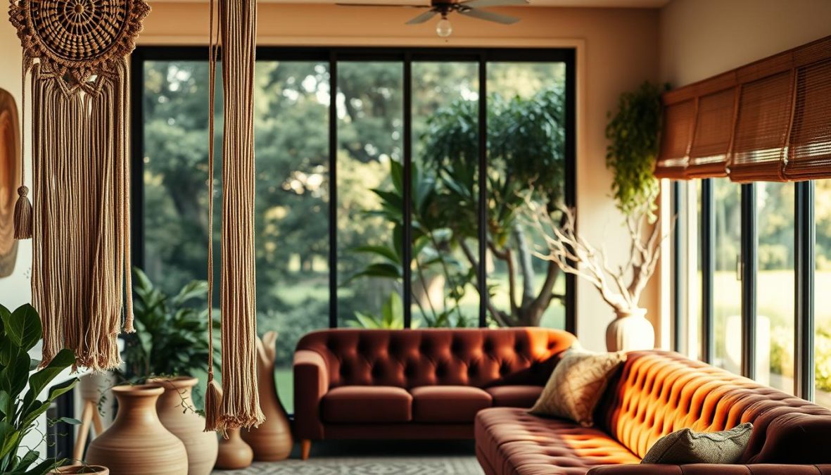 A harmonious blend of natural and sustainable materials in a captivating boho-inspired scene for 2025. In the foreground, an intricate macrame wall hanging in earthy tones cascades down, complemented by woven baskets and terracotta planters adorned with trailing vines. The middle ground showcases a plush, tufted velvet sofa in a rich burgundy hue, accented by handcrafted ceramic vases and driftwood sculptures. In the background, a large window floods the space with warm, natural light, revealing a lush, verdant outdoor landscape beyond. Soft, diffused lighting creates a cozy, inviting atmosphere, while the use of natural, renewable materials conveys a sense of mindful, sustainable living.