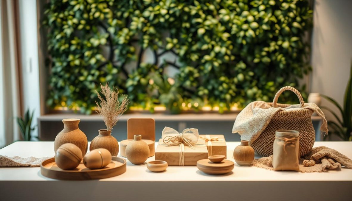 A harmonious, immersive scene showcasing the future of sustainable gifting in 2025. A beautifully curated display of exquisite eco-friendly gift items on a clean, minimalist table. Handcrafted wooden trinkets, natural fiber baskets, and organic textiles in earthy tones create a warm, inviting ambiance. Soft, diffused lighting emanates from subtle sources, casting a cozy glow. In the background, a lush, verdant wall of plants adds a serene, nature-inspired touch. The overall atmosphere conveys a sense of mindfulness, simplicity, and a connection to the natural world - a true reflection of the growing trend towards conscious, sustainable gift-giving.