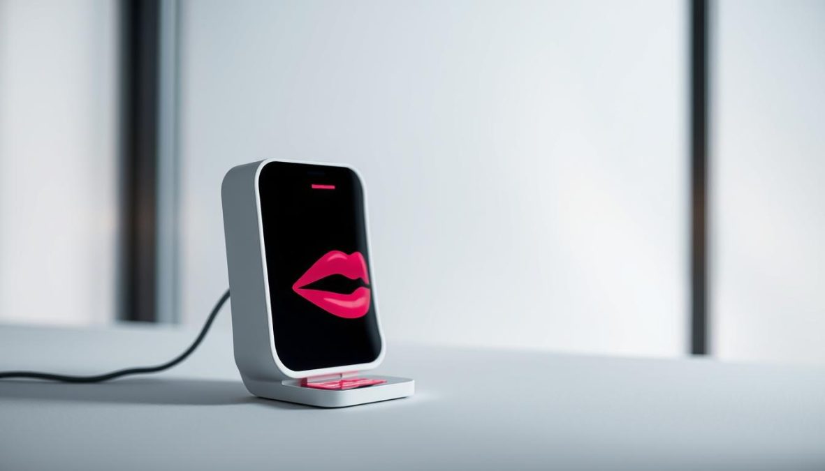 A high-quality, photo-realistic image of a sophisticated KI-Lippenanalyse tool for determining the perfect lip shape. The tool is displayed in the foreground, with a clean, neutral background that allows the device to take center stage. The lighting is soft and diffused, creating a professional, studio-like atmosphere. The camera angle is slightly elevated, providing a clear and detailed view of the tool's sleek, modern design. The image conveys a sense of precision, technology, and the ability to help the user achieve their desired lip shape, perfectly aligning with the article's focus on creating statement lips.