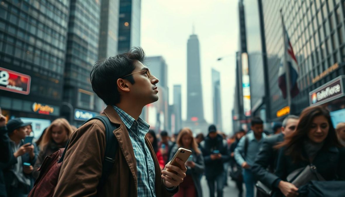 A high-tension cityscape in 2025, digital devices omnipresent, their screens ablaze with notifications. Commuters rush past, faces etched with anxiety, trapped in an endless cycle of work and technology. The air crackles with an unseen energy, a palpable sense of burnout and overwhelm. In the distance, skyscrapers loom, their sharp lines and angular forms mirroring the stresses of modern life. Amidst the chaos, a lone figure pauses, seeking respite, their gaze turned skyward, longing for a moment of peace. Hyper-candid, sharply defined, this scene captures the digital stress of the near future, a cautionary tale of the need for balance and self-care.