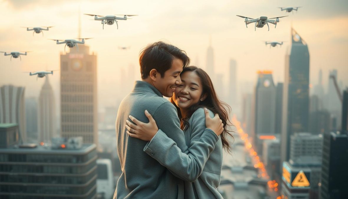 A hyper-connected digital metropolis, pulsing with the energy of 2025. Sleek, hovering drones ferry messages between high-rise hubs, while holographic avatars converse across vast distances. Amidst the technological whirlwind, two figures embrace, their faces aglow with the warmth of a deep, personal connection - a testament to the new dimensions of relationship-building in this networked world. Soft, diffuse lighting bathes the scene, evoking a sense of intimacy and belonging, even as the cityscape beyond pulses with the rapid evolution of interpersonal ties. This is the paradigm shift in human relationships, where proximity is redefined and the bonds we cherish transcend physical boundaries.