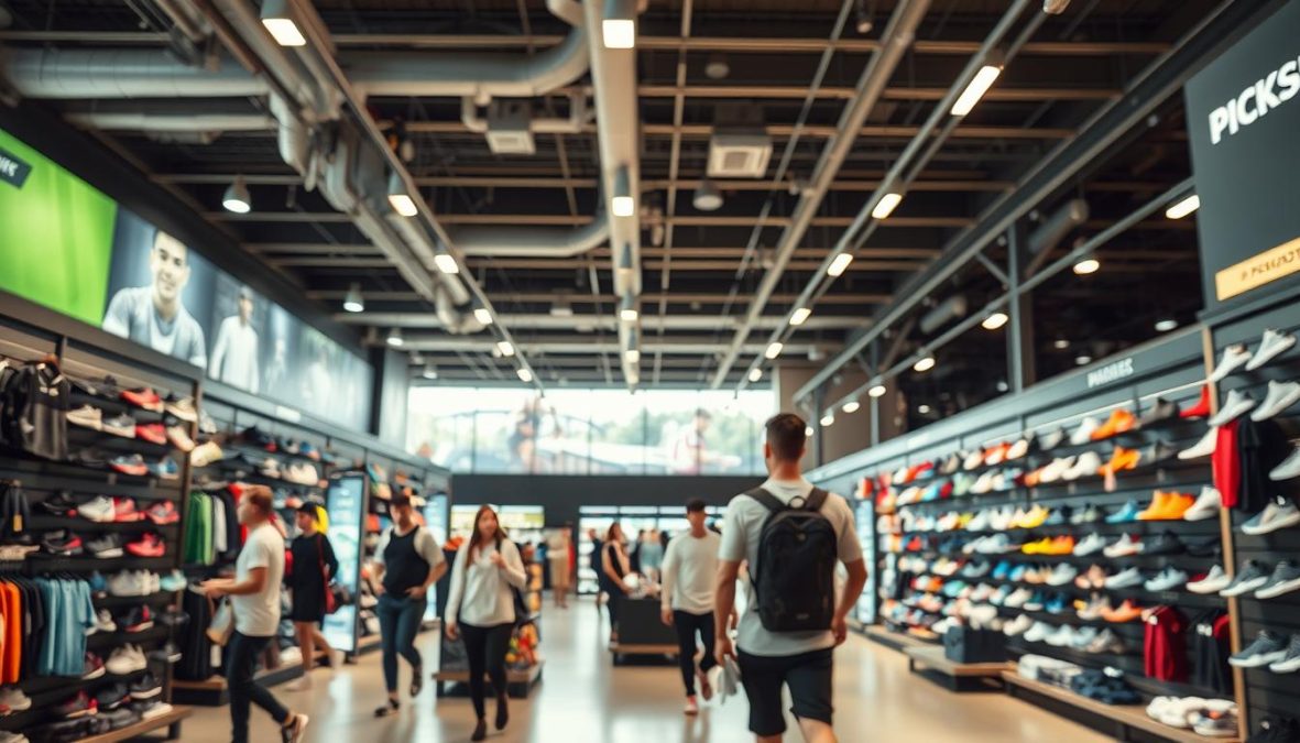 A large, modern, well-equipped sports store in 2025, showcasing the latest in athletic gear and equipment. The store's interior is bright and inviting, with high ceilings, sleek fixtures, and a wide open floor plan. Customers browse through the various departments, from apparel and footwear to specialized equipment for different sports. The atmosphere is one of excitement and anticipation, as the store offers a comprehensive "Picksport" experience, allowing customers to try out products and get personalized recommendations. The lighting is warm and natural, casting a comfortable glow throughout the space. The overall impression is of a store that is at the forefront of the ever-evolving sports retail industry.