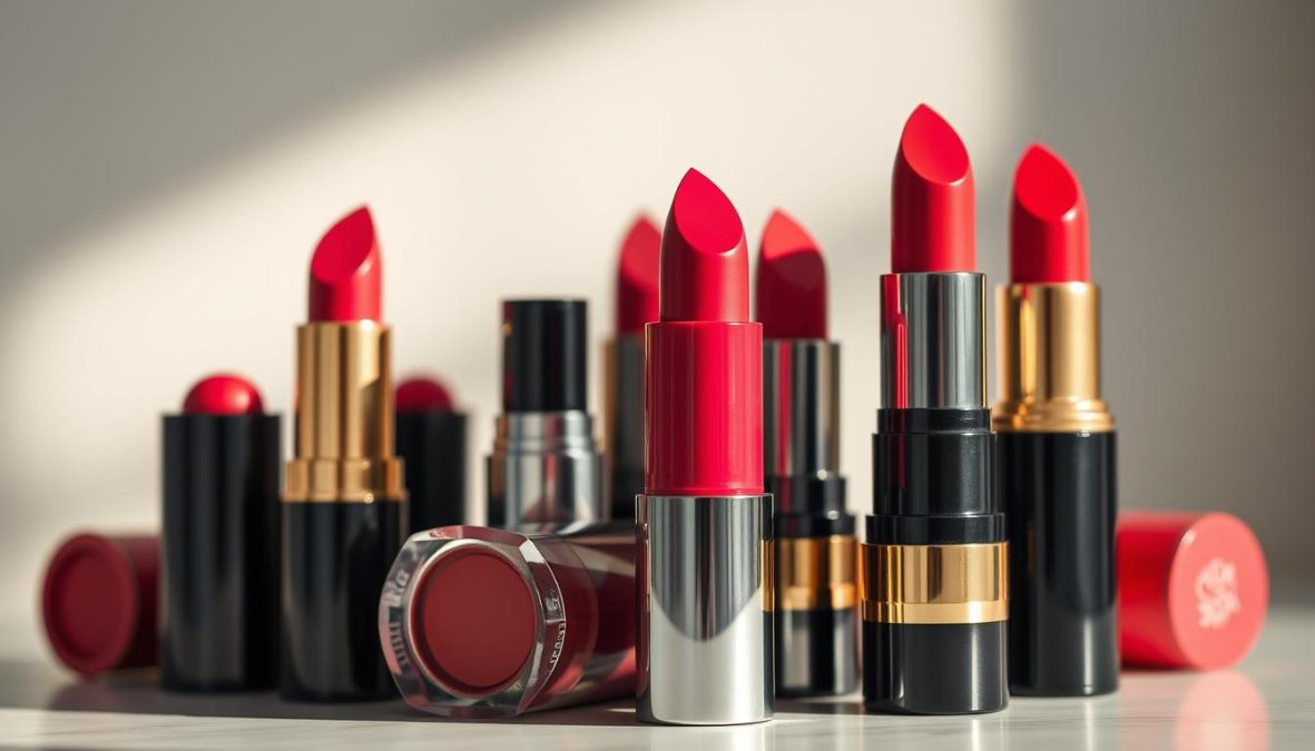 A mesmerizing close-up of innovative lipstick shades for 2025, shot on a Sony A7R IV 70mm with a polarizer filter for a hyper-candid, sharply defined effect. The lipsticks are displayed against a soft, blurred background, allowing the vibrant, diverse colors to take center stage. The lighting is natural and flattering, creating a sense of depth and dimension. The overall mood is one of sophistication and futuristic elegance, hinting at the upcoming trends in statement lip makeup.