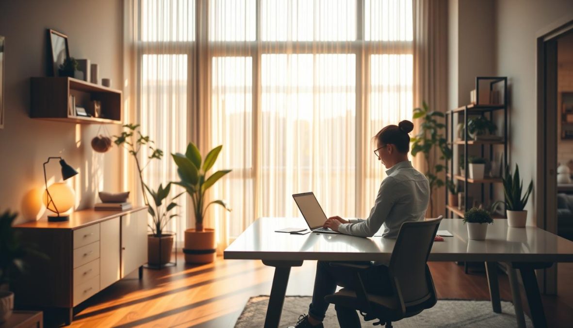 A meticulously designed home office, bathed in warm, natural light filtering through large windows. Ergonomic furniture, curated decor, and a sense of mindful organization create a serene, productive environment. In the foreground, a person sits at a sleek, minimalist desk, focused on their laptop, embodying the essence of conscious daily routines for a 2025 lifestyle transformation. The middle ground showcases tasteful indoor plants and a discreet, yet functional shelving system. The background reveals a glimpse of an adjacent living space, hinting at a harmonious, balanced approach to modern living. Shot on Sony A7R IV 70mm, clearly focused, sharply defined, polarizer filter, Hyper-candid, 8K.