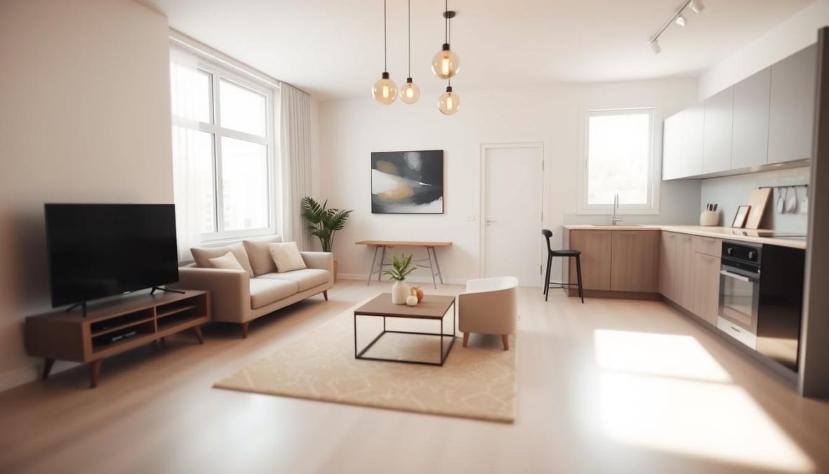 A minimalist and functional studio apartment in 2025, flooded with natural light from a large window. A clean, geometric layout with a modular couch, minimalist coffee table, and a wall-mounted television. The kitchen features sleek, handleless cabinets and a compact, integrated appliances. Overhead, a trio of pendant lights cast a warm glow. Carefully curated decor, including a potted plant and abstract artwork, adds visual interest without clutter. The space feels airy, contemporary, and designed to maximize the limited square footage.