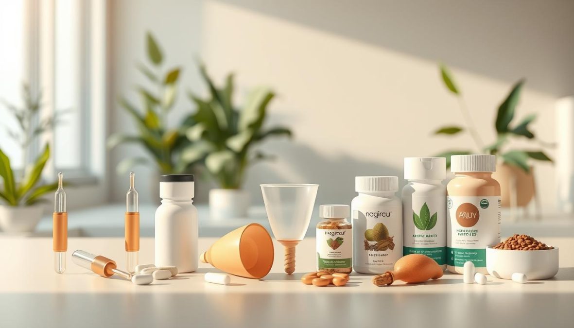 A modern, minimalist illustration showcasing an array of natural, hormone-free contraceptive methods. In the foreground, a variety of intimately depicted objects - a copper IUD, a menstrual cup, a fertility tracking app, and various plant-based supplements - are arranged in a clean, clinical manner, illuminated by soft, natural lighting. The middle ground features a tranquil, plant-filled scene, evoking a sense of wellness and harmony. The background subtly suggests a futuristic, technology-infused setting, hinting at the innovative and sustainable nature of these emerging contraceptive alternatives. The overall composition conveys a sense of empowerment, personal choice, and a shift towards more natural, holistic approaches to reproductive health in 2025.