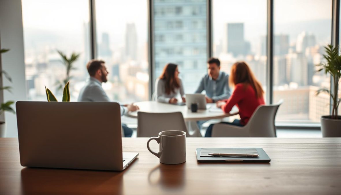 A modern, minimalist office space bathed in warm, natural light. In the foreground, a desk with a sleek laptop, a potted plant, and a mug of coffee, symbolizing the harmonious integration of work and life. In the middle ground, employees collaborating at a circular table, their expressions relaxed and engaged. The background features floor-to-ceiling windows overlooking a bustling city skyline, hinting at the dynamic, flexible nature of the new work landscape. The overall scene conveys a sense of balance, productivity, and well-being, capturing the essence of the "Work-Life-Harmonie" concept.