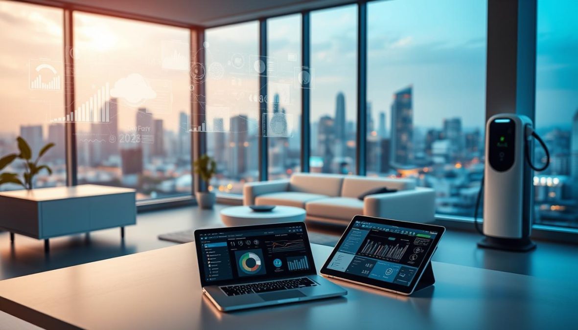 A modern office workspace in the year 2025, with a large window overlooking a bustling city skyline. Sleek, minimalist furniture and clean lines dominate the scene. A holographic display projects intricate data visualizations, showcasing the digital transformation that has revolutionized the way self-employed professionals work. The lighting is soft and natural, creating a serene and productive atmosphere. In the foreground, a laptop and tablet sit open, with various digital tools and applications open, illustrating the seamless integration of technology into the independent entrepreneur's workflow. The middle ground features a charging station for electric vehicles, reflecting the sustainable and environmentally-conscious mindset of the modern self-employed. The background cityscape is vibrant and dynamic, hinting at the boundless opportunities and challenges that the digital age presents for the self-employed in 2025.