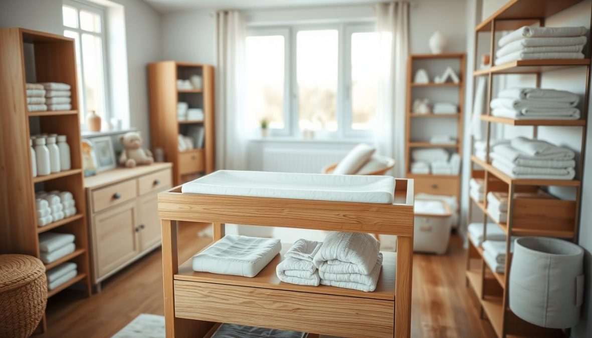 A modern, well-organized diaper changing station in a spacious, sun-filled nursery. A sleek wooden changing table takes center stage, its surface adorned with soft, organic textiles and a plush, hypoallergenic changing pad. Surrounding the table, storage compartments and shelves hold an array of neatly organized diapering essentials - premium-quality diapers, soothing lotions, and neatly folded towels. The room is bathed in warm, natural light, filtering in through large windows. A minimalist, Scandinavian-inspired aesthetic pervades the space, creating a serene and calming atmosphere ideal for a relaxed, stress-free diaper changing routine.