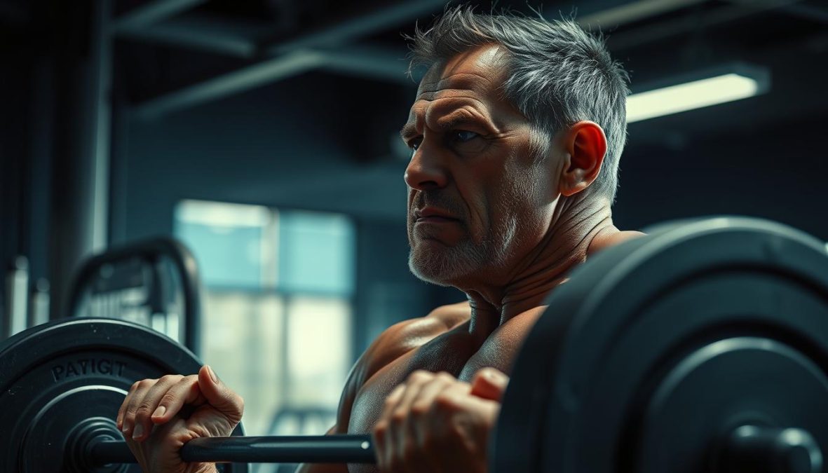 A muscular middle-aged man performing intense weightlifting exercises in a well-equipped gym. Dimly lit, with dramatic shadows and highlights, the scene conveys the dedication and determination required for building muscle mass later in life. His facial expression shows intense focus, and his veins are visibly popping as he strains against the heavy barbell. The background is blurred, emphasizing the subject and the challenging nature of his workout. Shot on a Sony A7R IV with a 70mm lens, using a polarizer filter for a hyper-candid, sharply defined, and 8K-quality image.
