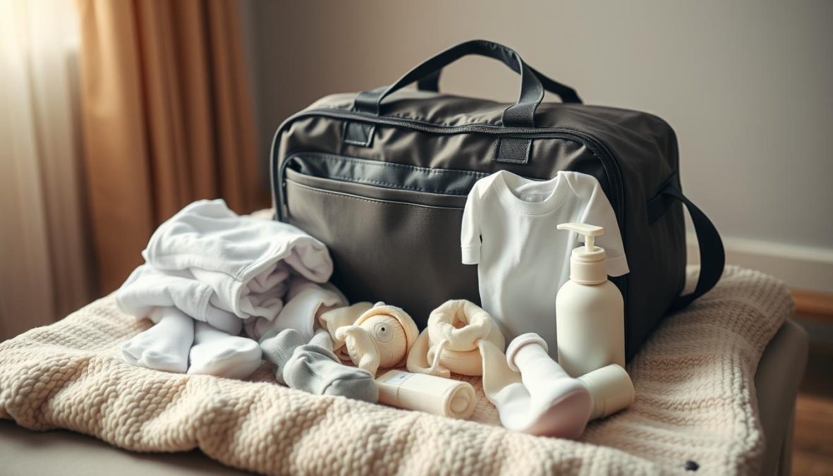 A neatly organized hospital bag, meticulously packed with essential items for the impending arrival of a newborn. The bag sits atop a plush blanket, surrounded by carefully selected onesies, socks, and toiletries, all bathed in warm, natural lighting. The scene exudes a sense of anticipation and preparedness, conveying the optimal moment for expectant parents to assemble their hospital essentials. Hyper-candid, sharply defined, and captured with a Sony A7R IV 70mm lens through a polarizer filter, this image celebrates the excitement and diligence of the birthing journey.