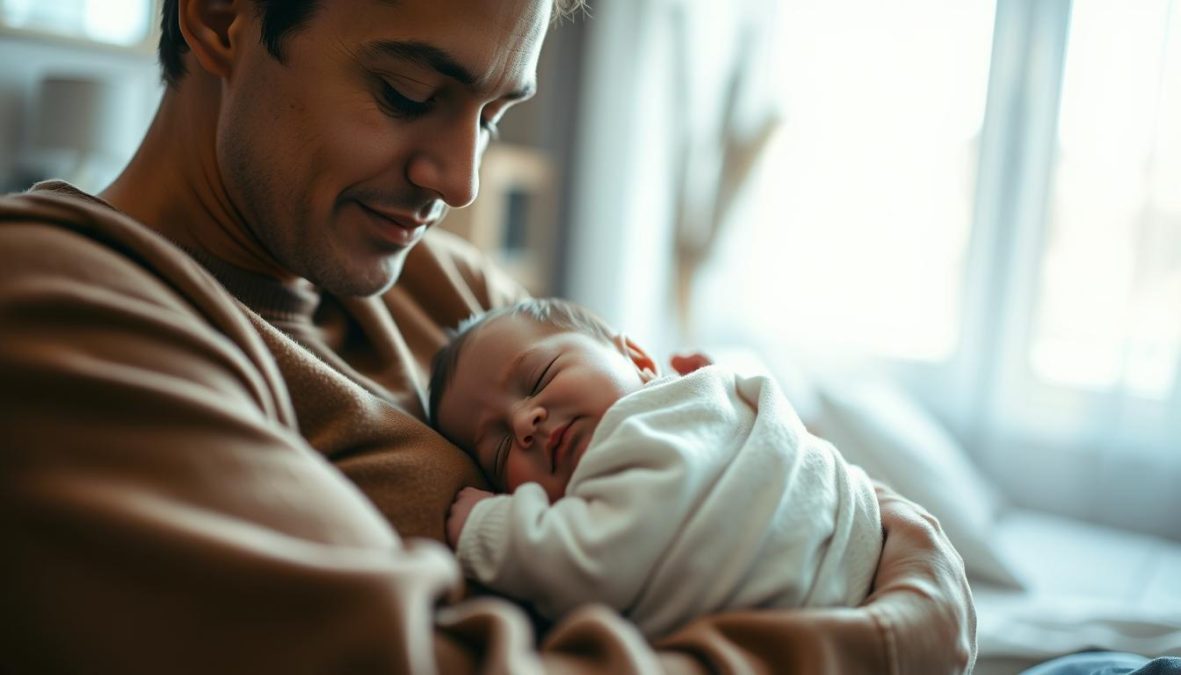 A newborn baby resting peacefully in the arms of a doting parent, enveloped in the quiet intimacy of their first weeks together. The soft, natural light filters through a window, casting a warm glow on the tender scene. The parent's expression is one of pure contentment, their eyes filled with wonder as they gaze adoringly at the tiny, swaddled bundle. The background is a cozy, minimalist interior, allowing the focus to remain on the precious bond unfolding before the lens. Captured with a Sony A7R IV at 70mm, the image is sharp, candid, and infused with the emotional weight of this profound life transition.