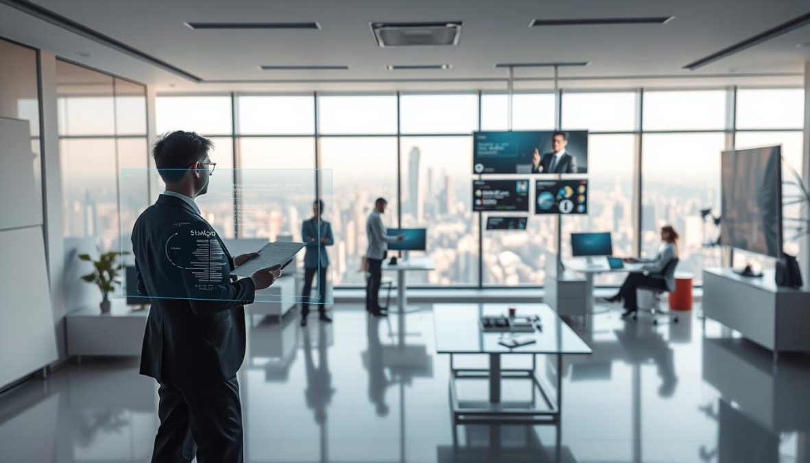 A panoramic view of a modern office space in 2025, with sleek, minimalist furnishings and a clean, monochromatic color palette. In the foreground, a well-dressed professional stands at a holographic display, meticulously mapping out a strategic career plan. The middle ground features a team of colleagues collaborating on a project, their progress and tasks visible on floating screens. In the background, a vast city skyline can be seen through floor-to-ceiling windows, bathed in soft, natural light. The scene conveys a sense of focus, efficiency, and a clear vision for the future of work.