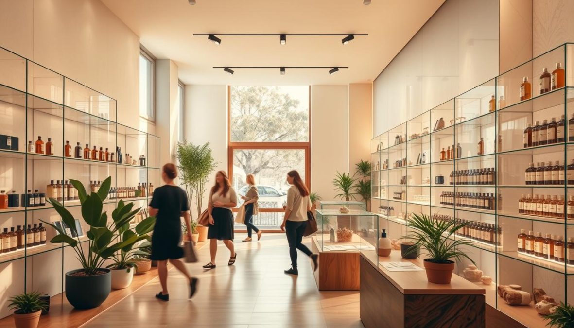 A panoramic view of a serene, modern parfumerie in the year 2025. The sleek, minimalist interior is bathed in warm, natural lighting that filters through large windows. Elegant glass display cases showcase an array of unique, sustainable fragrance bottles in a range of muted, earthy tones. The shelves are neatly organized, highlighting the thoughtful curation of the collection. Potted plants and natural materials such as wood and stone create a calming, eco-conscious ambiance. Customers move gracefully through the space, engaging with knowledgeable staff to discover their perfect scent. An overall sense of harmony, sophistication, and environmental responsibility pervades the scene.