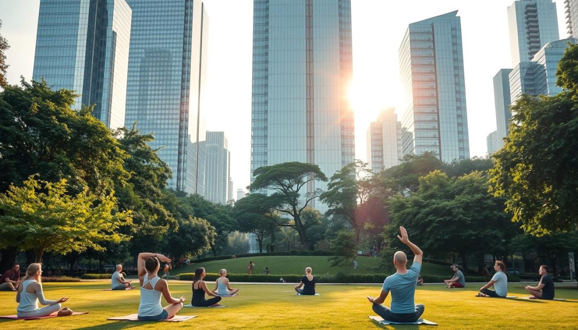 A serene and harmonious urban landscape, where nature and modernity coexist in perfect balance. Towering glass skyscrapers stand tall, their reflective surfaces casting a warm glow onto the vibrant greenery below. In the foreground, a well-manicured park invites visitors to pause and find tranquility, with people engaged in various wellness activities - from yoga to meditation. The soft, diffused sunlight filters through the trees, creating a sense of inner peace and well-being. Shot on Sony A7R IV 70mm, clearly focused, sharply defined, polarizer filter, Hyper-candid, 8K.