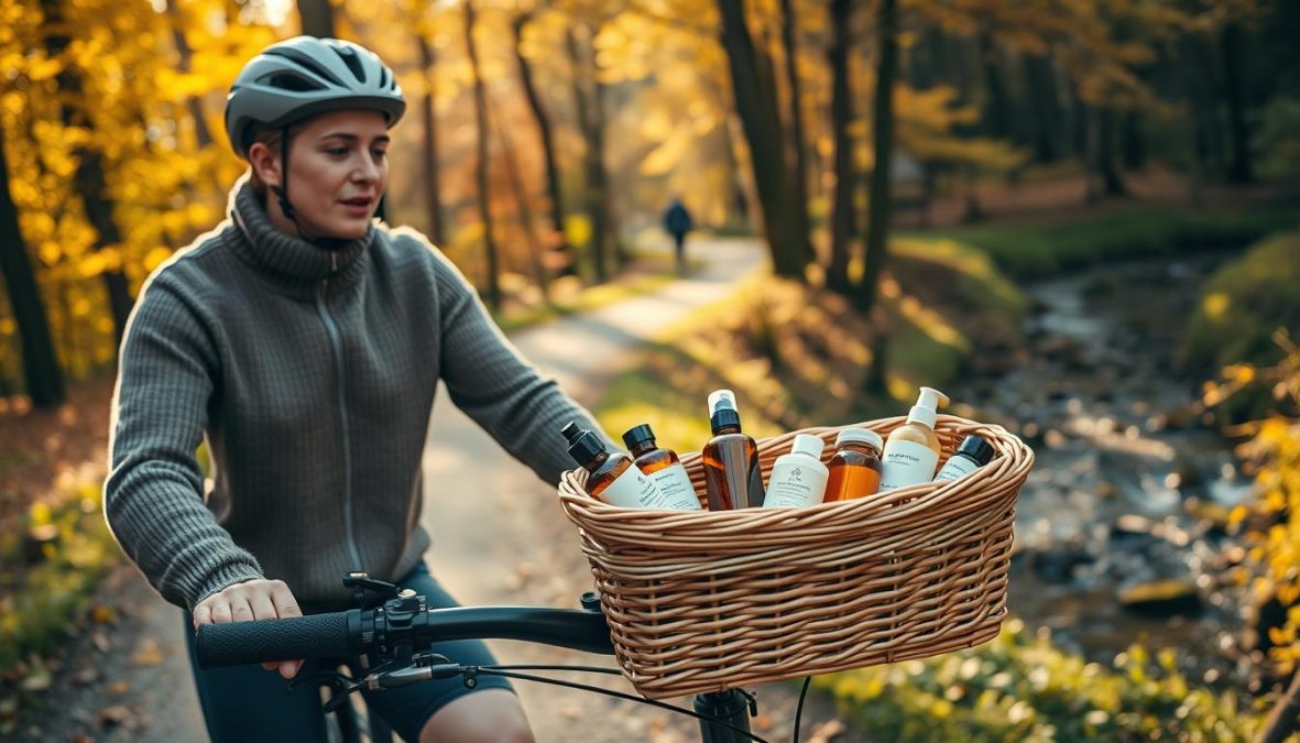 A serene autumn landscape with a cyclist engaged in a seasonal skincare routine. The cyclist, dressed in a cozy sweater and comfortable cycling gear, moves through a picturesque forest path, the warm sunlight filtering through the vibrant foliage. In the foreground, the cyclist pauses to apply a nourishing facial oil, their skin glowing with health. In the middle ground, a wicker basket on the bike's handlebars holds an array of natural skincare products, each bottle and jar reflecting the rich hues of the surrounding environment. The background reveals a tranquil stream winding through the trees, its gentle current mirroring the peaceful mood. Captured with a Sony A7R IV 70mm lens, the image is sharply defined, with a polarizer filter creating a captivating depth of field and a hyper-candid, 8K quality.