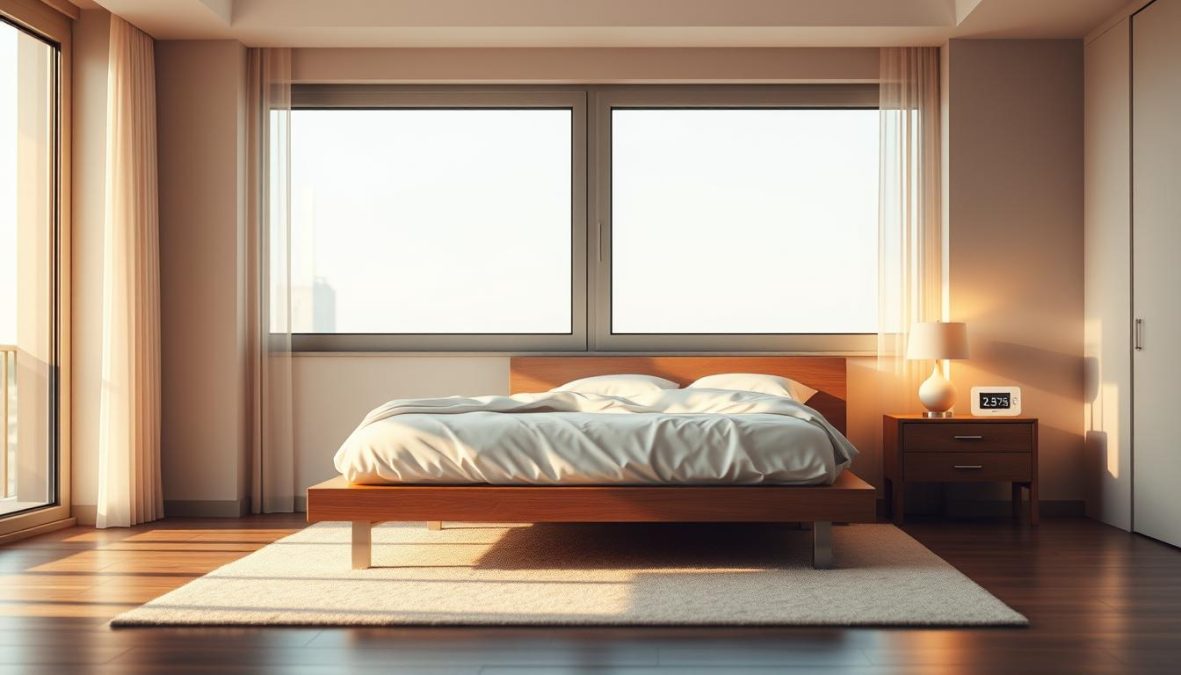 A serene bedroom in the year 2025, bathed in warm, diffused lighting from floor-to-ceiling windows. A sleek, minimalist bed occupies the center, adorned with crisp, high-thread-count sheets. On the nightstand, a state-of-the-art sleep tracking device displays comprehensive sleep statistics, illustrating the nation's sleep crisis. The room's muted color palette and clean lines create a calming, restorative atmosphere, reflecting the growing importance of quality sleep in an increasingly fast-paced world. Polarized lens captures the scene with exceptional clarity and depth, while a hyper-candid approach conveys a sense of authentic, uninterrupted repose.