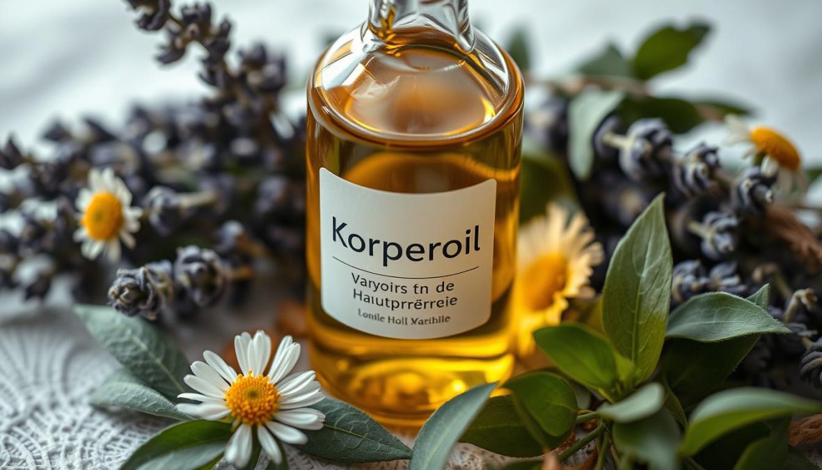 A serene close-up of a glass bottle filled with transparent, golden-hued body oil. The bottle's label displays the German text "Körperöl Vorteile für die Hautpflege". Surrounding the bottle, an arrangement of various natural ingredients such as lavender, chamomile, and eucalyptus leaves, creating a soothing and organic composition. The image is captured with a Sony A7R IV camera, 70mm lens, and a polarizer filter, resulting in a hyper-candid, sharply defined 8K image that highlights the rich, moisturizing properties of the body oil and its benefits for modern skincare.